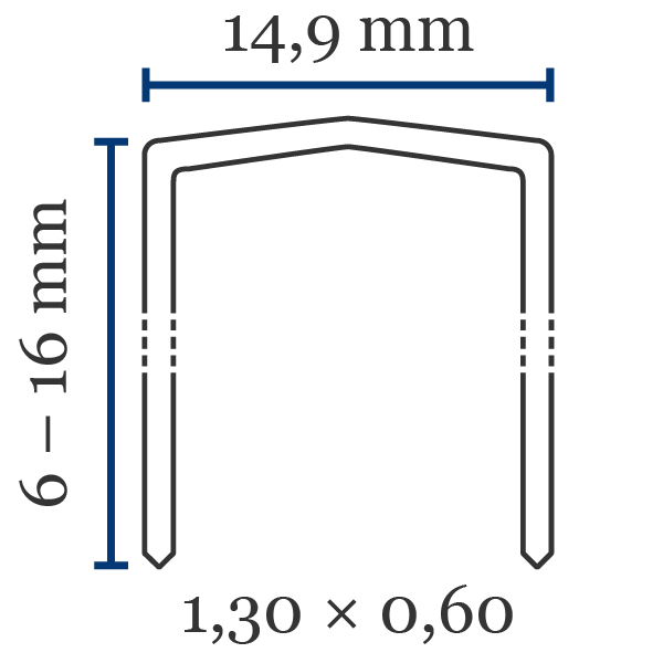 Krammen JK53 Belangrijkste kenmerken Kihlberg krammen type JK53:Korte naam: JK53Rugbreedte (mm): 14,9Lengte (mm): 6 - 16Draaddikte lxb  (mm): 1,3 x 0,6Standaard materiaal: staalLeverbaar in: verkoperd, verzinktPunt: beitel