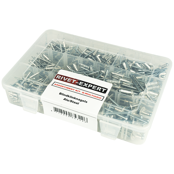 Blindnieten-Sortimentsbox - Mehrbereichs Blindnieten Diese Sortimentsbox enthält 405 Mehrbereichs-BlindnietenInhaltStück - Durchmesser Ø – Länge – Kopf – Klemmbereich (min. ~ max.)50x  -  3,2 mm -  8 mm  -       Flachrundkopf   -   1,5 ~ 5,050x  -  3,2 mm -  9,5 mm  -    Flachrundkopf   -   2 ,5 ~ 6,550x  -  3,2 mm -  12,5 mm -   Flachrundkopf   -   5,0 ~ 9,550x  -  4  mm -     9,5  mm -    Flachrundkopf   -   2,0 ~ 6,050x  -  4  mm -     12,5 mm -   Flachrundkopf   -   4,0 ~ 9,050x  -  4  mm -     17  mm -     Flachrundkopf   -   8,5 ~ 13,540x  -  4,8 mm -  10 mm  -      Flachrundkopf   -   1,0 ~ 5,040x  -  4,8 mm -  15 mm   -     Flachrundkopf   -   5,0 ~ 10,025x  -  4,8 mm -   10 mm  -     Extra großer Flachrundkopf   -  1,0 ~ 5,0