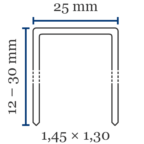 Bredtrådsklammer typ BeA 140 Främsta kännetecken klammer typ 140:Förkortat namn: BeA 140Ryggbredd (mm): 25Längd (mm): 12-30Trådtjocklek lxb (mm): 1,45 x 1,30Standard material: stålKan även fås i: aluminiumSpets: mejselspets, kan även fås med D-spets (sågsnitt)