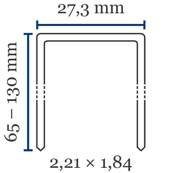 Breedkrammen type BeA 246 Belangrijkste kenmerken nieten type 246:Korte naam: BeA 246Rugbreedte (mm): 27,3Lengte (mm): 65-130Draaddikte lxb  (mm): 2,21x1,84Standaard materiaal: staalPunt: beitel