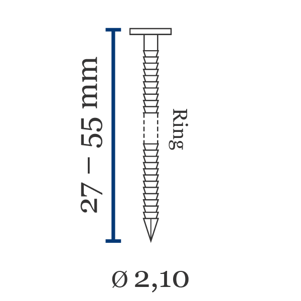 Coilnagels DCB vlak 2.1 Belangrijkste kenmerken nieten coilnagels DCB vlak 2.1:Korte naam: DCB vlak 2.1Lengte (mm): 27-55Draaddikte Ø (mm): 2,1Standaard materiaal: staalLeverbaar in: ringPunt: nb
