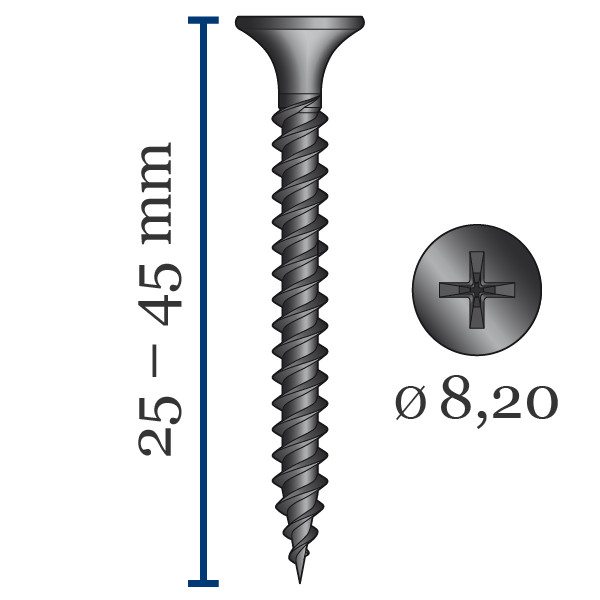 DWF Quik Drive Schrauben für Gipskartonplatten Für die Befestigung von Gipsplatten und Gipskartonplatten auf Metallprofilen mit Stärken zwischen 0,6 und 1,2 mm.Kopf Ø (mm): 8,2Gewinde Ø (mm): 3,5Länge (mm): 25/35/40/45Stück/Streifen: 30Stück/Karton: 2500Schraubkopf: TrompetenkopfGewinde: FeingewindeSpitze: Scharfe SpitzeVerarbeitung: Grau phosphatiertEmpfohlene Drehzahl: 2500-6000 U/MinKompatible Schraubervorsätze: QD BPC51 / QD 76Für Bit: 2PE
