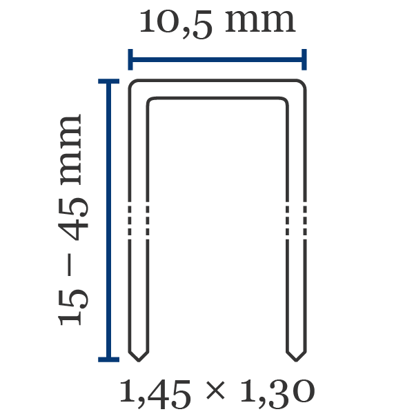 Klammer typ BeA 14 Främsta kännetecken klammer typ 14:Förkortat namn: BeA 14Ryggbredd (mm): 10,5Längd (mm): 15-45Trådtjocklek lxb (mm): 1,45 x 1,30Standard material: stålKan även fås i: rostfriSpets: mejselspets, kan även fås med D-spets (sågsnitt)