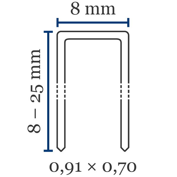 Klammer typ BeA 98 Främsta kännetecken klammer typ 97:Förkortat namn: BeA 98Ryggbredd (mm): 8Längd (mm): 8-25Trådtjocklek lxb (mm): 0,91 x 0,70Standard material: stålSpets: mejselspets, kan även fås med D-spets (spets med sågsnitt)