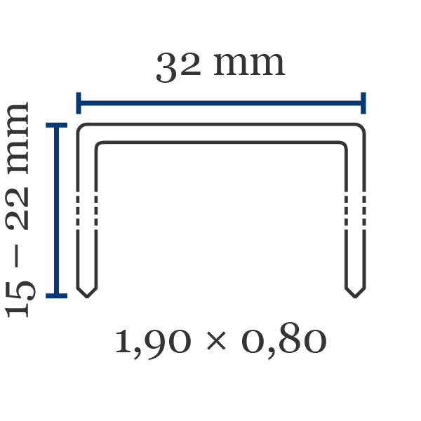 Krammen JK561 Belangrijkste kenmerken Kihlberg krammen type JK561:Korte naam: JK561Rugbreedte (mm): 32,2Lengte (mm): 15 - 22Draaddikte lxb (mm): 1,9 x 0,8Standaard materiaal: staalLeverbaar in: verkoperd, verzinktPunt: beitel